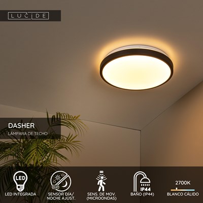 Lucide DASHER - Lámpara de techo Baño - Ø 34,8 cm - LED - 1x18W 2700K - IP44 - Sensor movimiento & día/noche - Negro